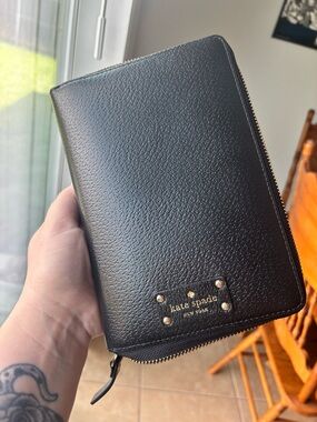 kate spade Black Pebbled Leather Zip Wallet with Gold Hardware